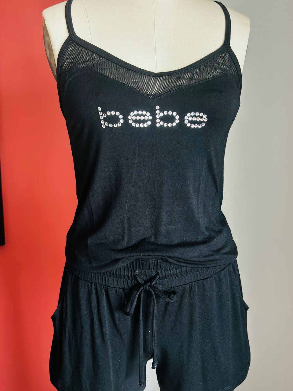 bebe Black Rhinestone Logo Romper